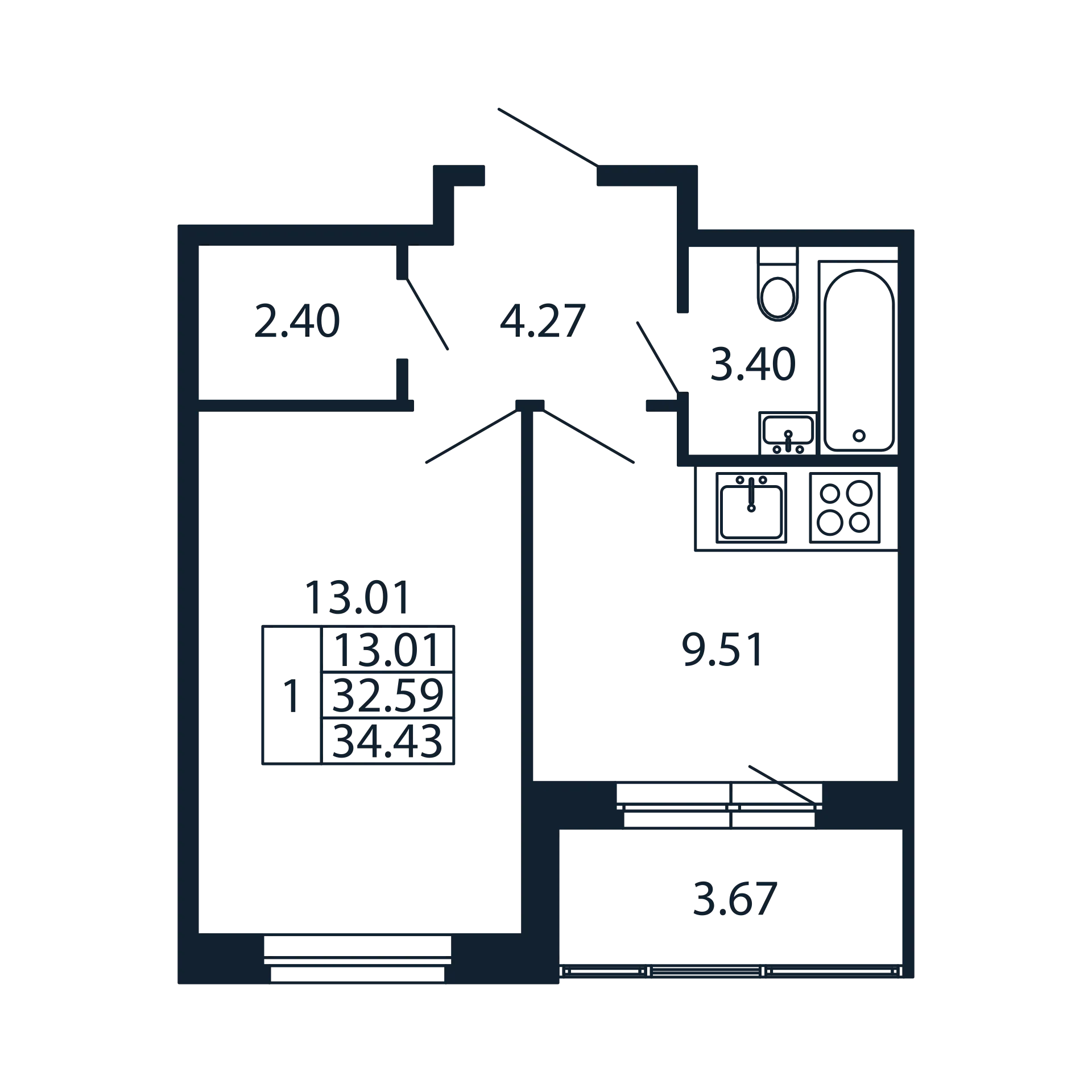 1-комнатная квартира, 32.59 м² в ЖК "Полис Новоселье" - планировка, фото №1