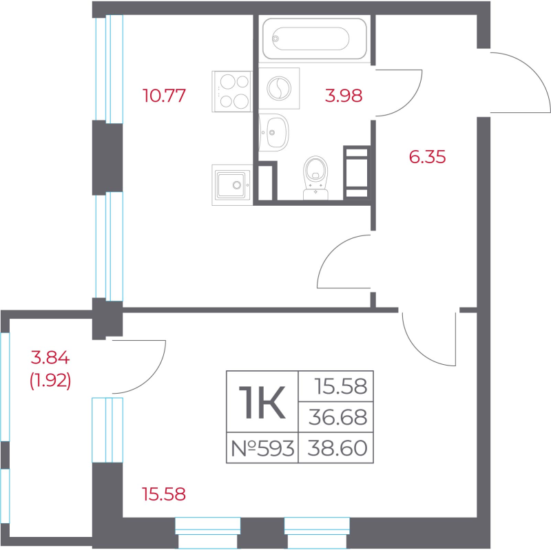 1-комнатная квартира, 38.6 м² в ЖК "Город-спутник Южный" - планировка, фото №1