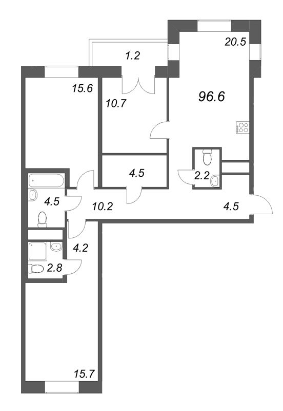 3-комнатная квартира, 96.6 м² - планировка, фото №1