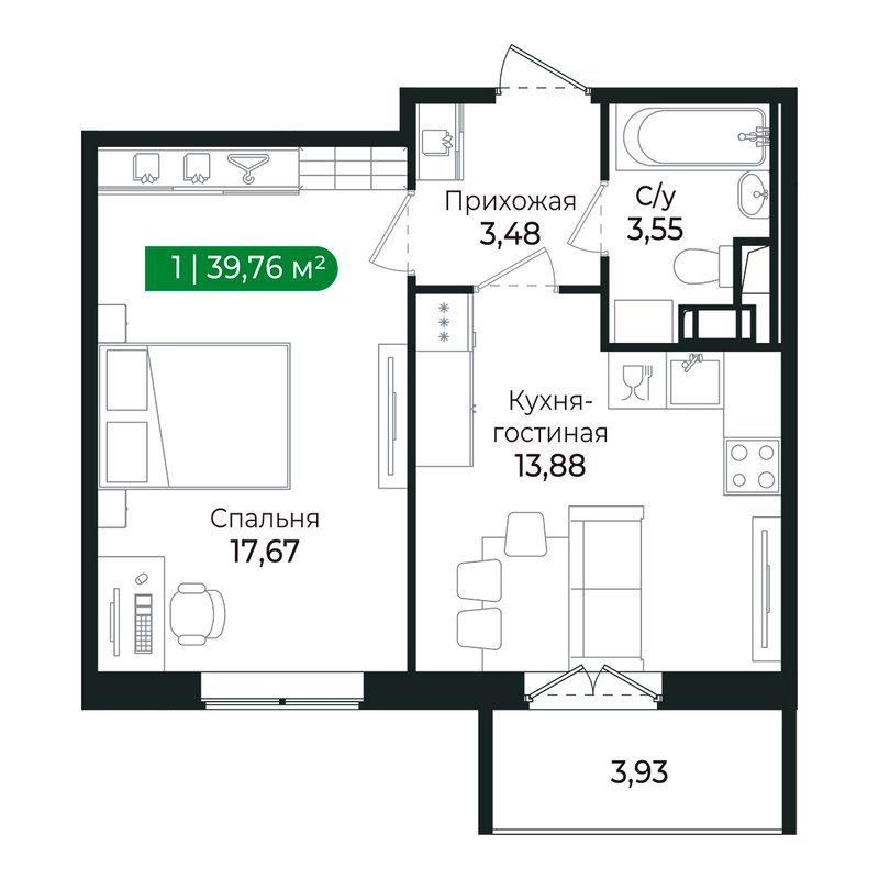 1-комнатная квартира, 38.1 м² в ЖК "Сертолово Парк" - планировка, фото №1