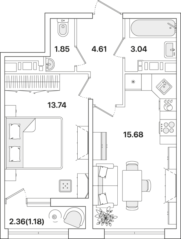 2-комнатная (Евро) квартира, 40.1 м² - планировка, фото №1