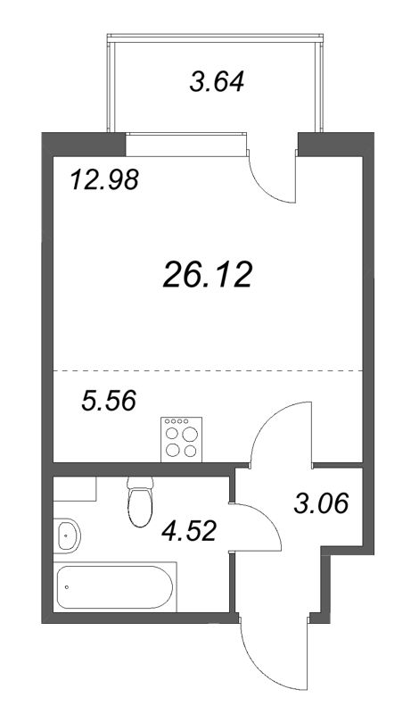 Квартира-студия, 26.12 м² в ЖК "ЮгТаун" - планировка, фото №1