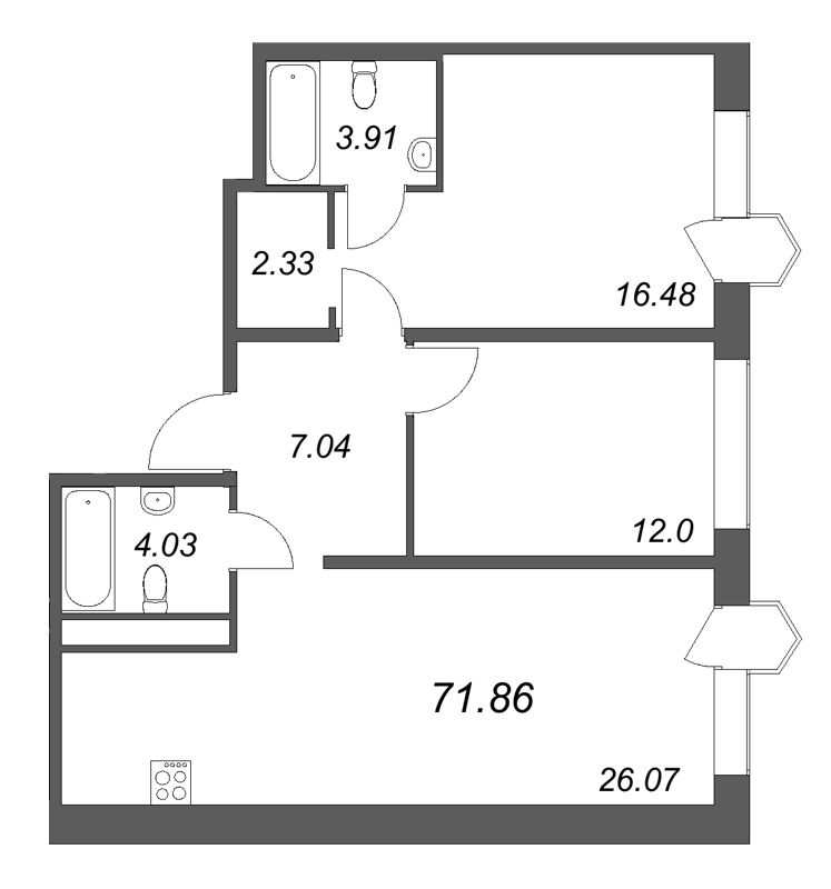3-комнатная (Евро) квартира, 71.86 м² в ЖК "Avant" - планировка, фото №1