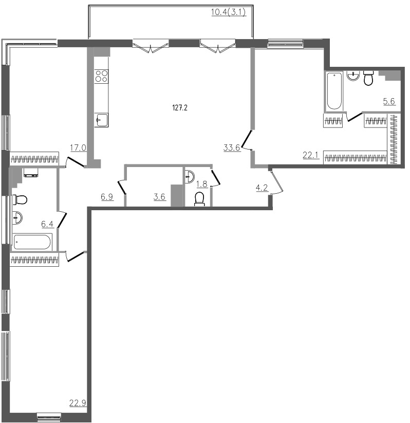 4-комнатная (Евро) квартира, 127.2 м² в ЖК "Upoint" - планировка, фото №1