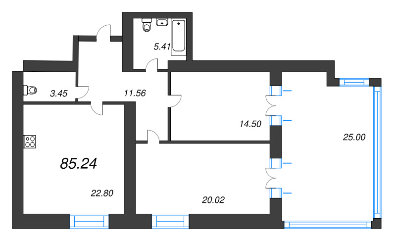 3-комнатная (Евро) квартира, 85.5 м² в ЖК "Листва" - планировка, фото №1