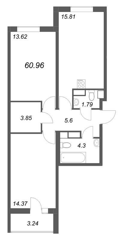 3-комнатная (Евро) квартира, 60.96 м² в ЖК "Кинопарк" - планировка, фото №1