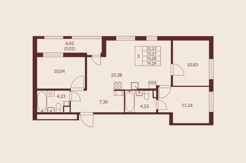 4-комнатная (Евро) квартира, 76.28 м² в ЖК "Амурино" - планировка, фото №1
