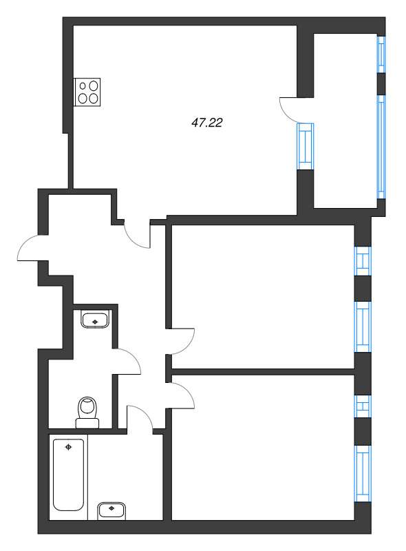 3-комнатная (Евро) квартира, 56.7 м² - планировка, фото №2