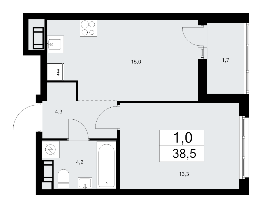 2-комнатная (Евро) квартира, 38.5 м² - планировка, фото №1