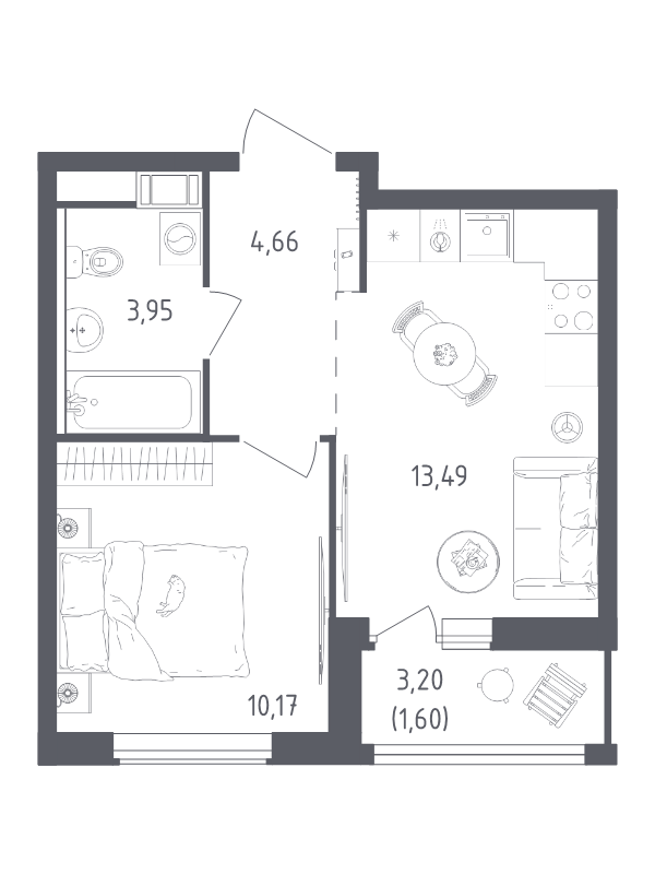 1-комнатная квартира, 33.87 м² в ЖК "Южная Нева" - планировка, фото №1