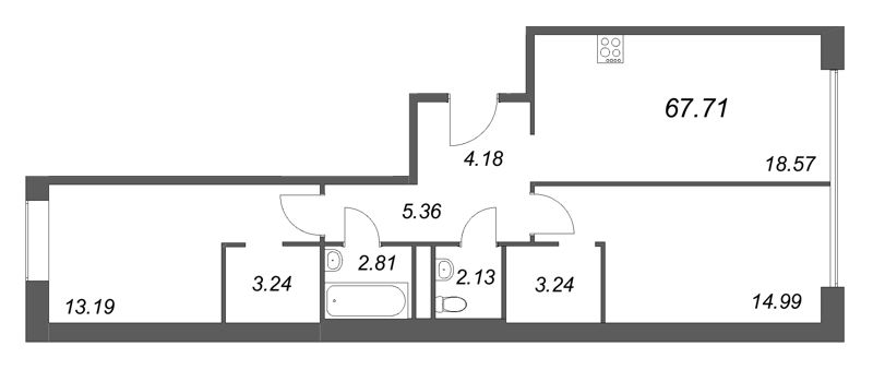 3-комнатная (Евро) квартира, 67.71 м² в ЖК "Avant" - планировка, фото №1