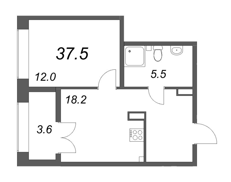 2-комнатная (Евро) квартира, 37.5 м² в ЖК "NewПитер 2.0" - планировка, фото №1