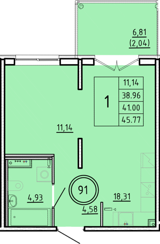2-комнатная (Евро) квартира, 38.96 м² в ЖК "Образцовый квартал 16" - планировка, фото №1