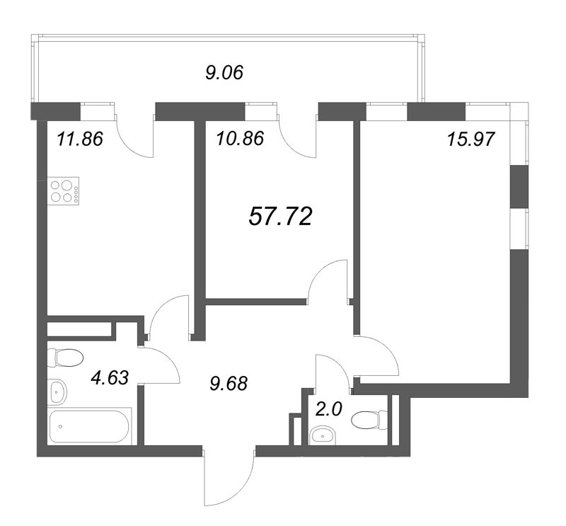 2-комнатная квартира, 57.72 м² - планировка, фото №1