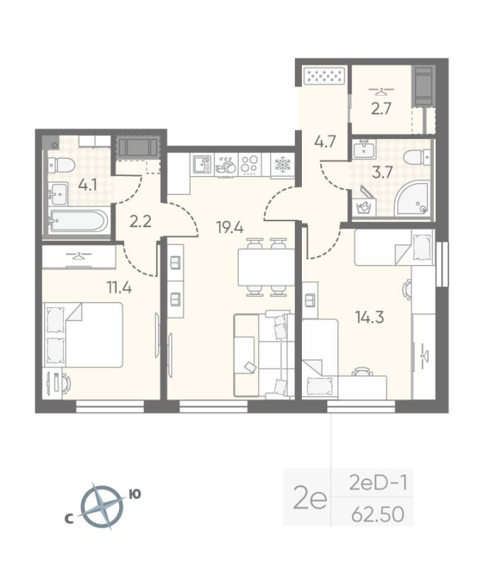 2-комнатная (Евро) квартира, 62.5 м² - планировка, фото №1