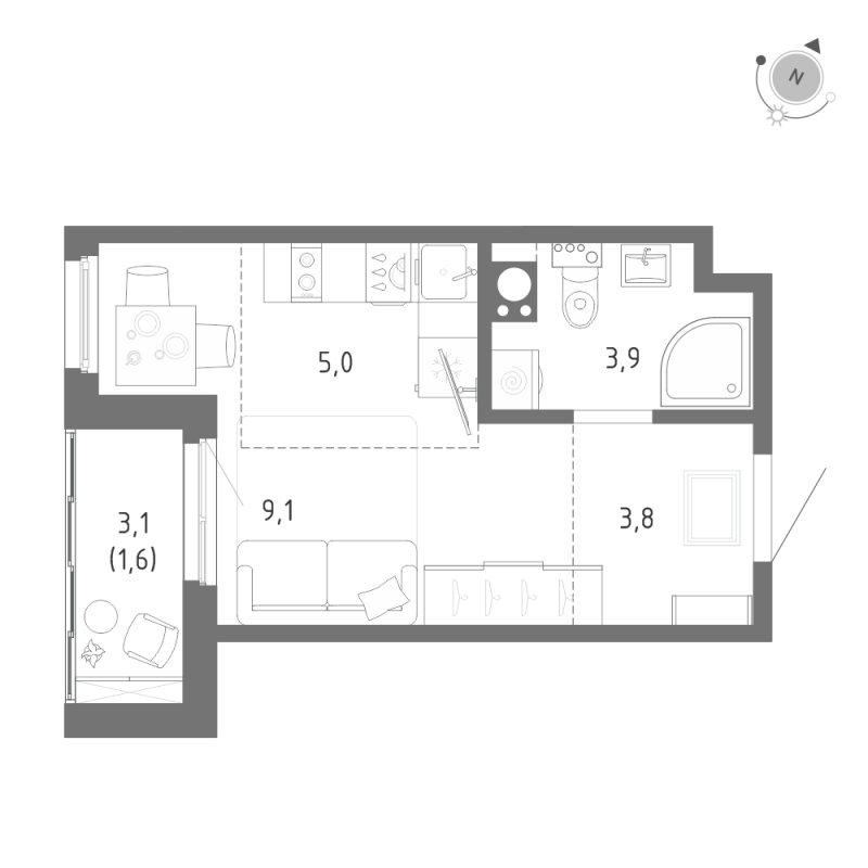 Квартира-студия, 23.4 м² - планировка, фото №1