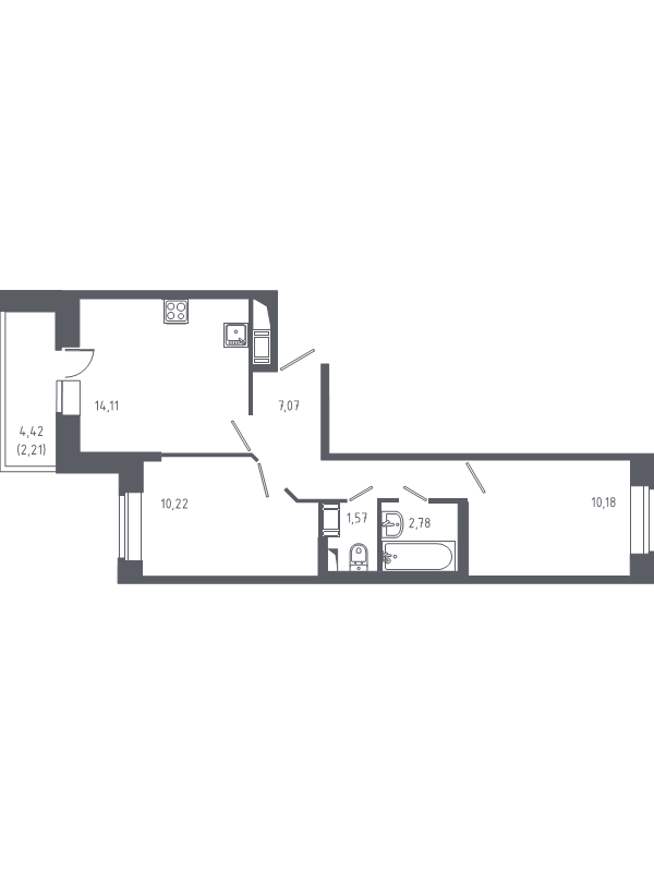 2-комнатная квартира, 48.14 м² - планировка, фото №1