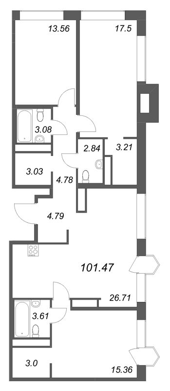 4-комнатная (Евро) квартира, 101.47 м² в ЖК "Avant" - планировка, фото №1