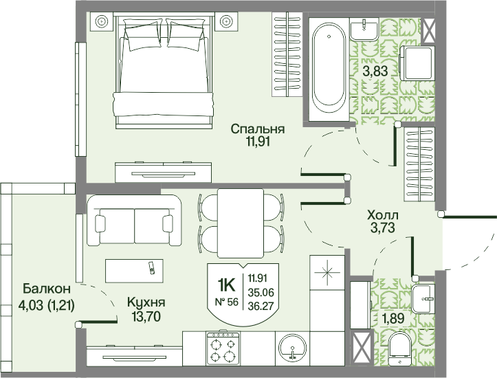 1-комнатная квартира, 36.27 м² в ЖК "Охтинские высоты" - планировка, фото №1