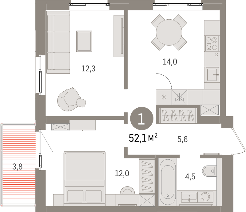 2-комнатная квартира, 52.1 м² в ЖК "Брусника в Новоселье" - планировка, фото №1