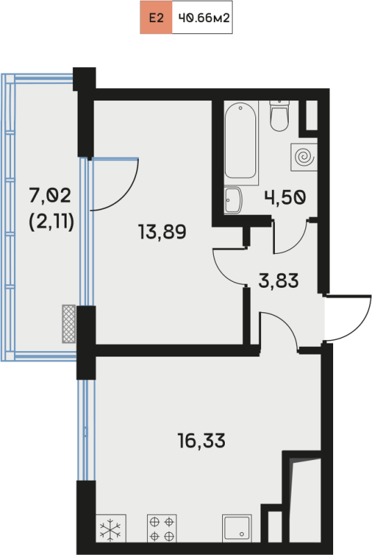 2-комнатная (Евро) квартира, 39.86 м² - планировка, фото №1