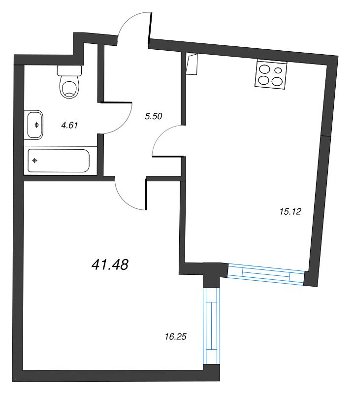 1-комнатная квартира, 41.48 м² - планировка, фото №1