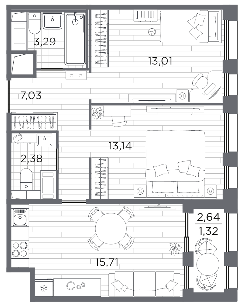 3-комнатная (Евро) квартира, 55.88 м² в ЖК "Respect" - планировка, фото №1