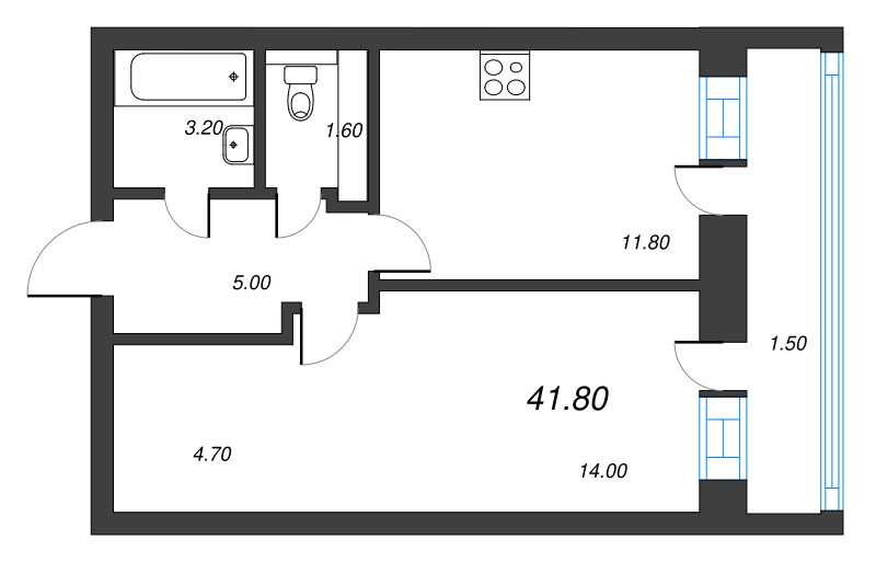 1-комнатная квартира, 41.8 м² в ЖК "Эко Квартал Гармония" - планировка, фото №1