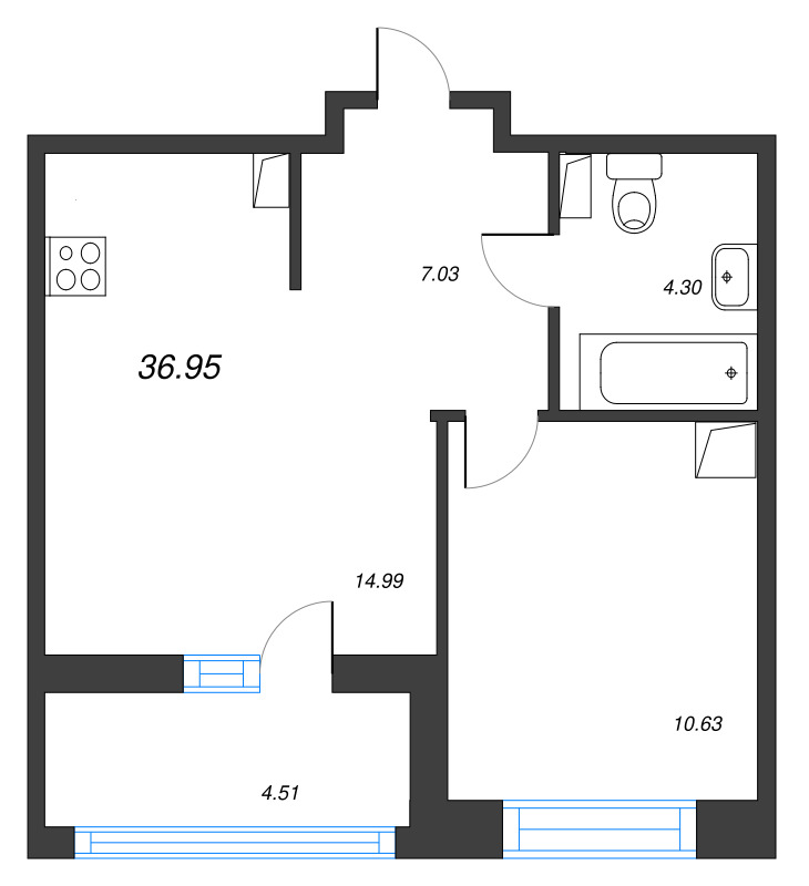 1-комнатная квартира, 36.95 м² в ЖК "Ultra City 3.0" - планировка, фото №1