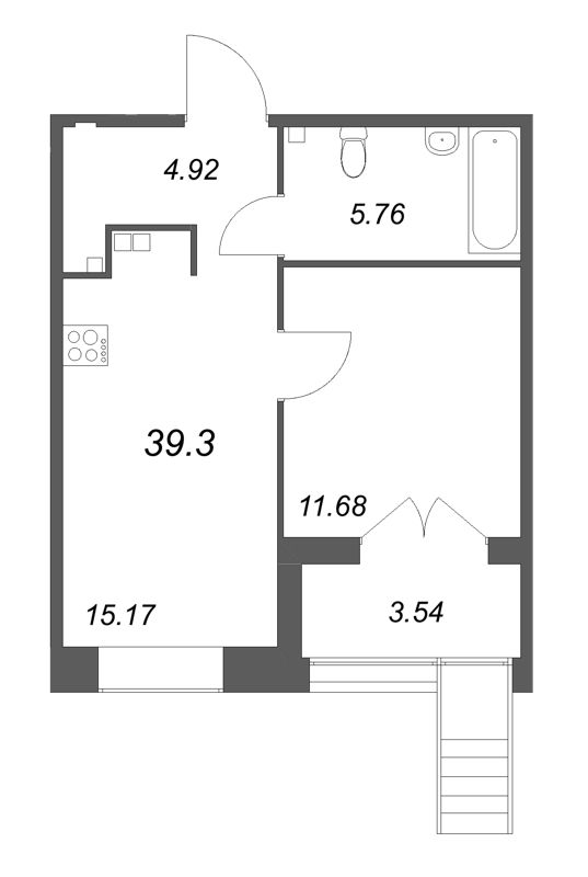 1-комнатная квартира, 39.3 м² - планировка, фото №1