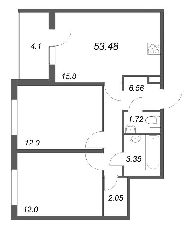 3-комнатная (Евро) квартира, 53.48 м² в ЖК "Любоград" - планировка, фото №1