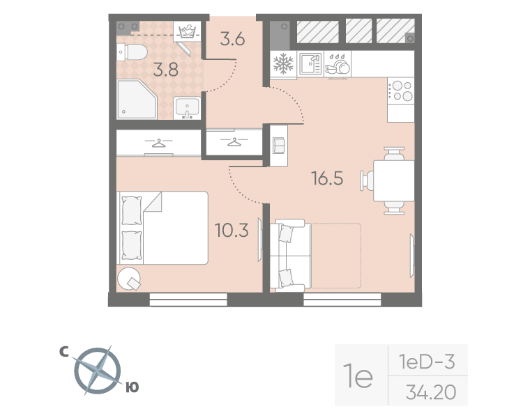 2-комнатная (Евро) квартира, 34.2 м² в ЖК "Пулково Lake" - планировка, фото №1