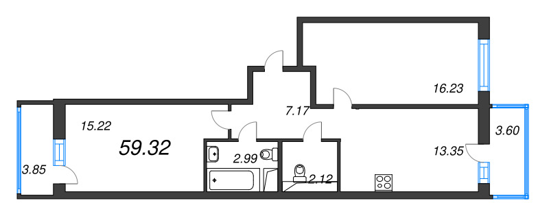 2-комнатная квартира, 59.32 м² в ЖК "OKLA" - планировка, фото №1