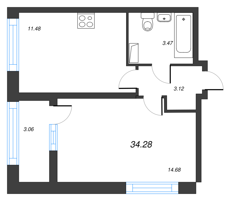 1-комнатная квартира, 34.28 м² - планировка, фото №1