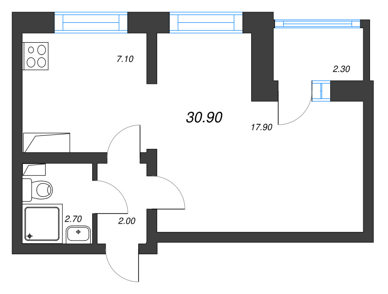 1-комнатная квартира, 30.9 м² - планировка, фото №1