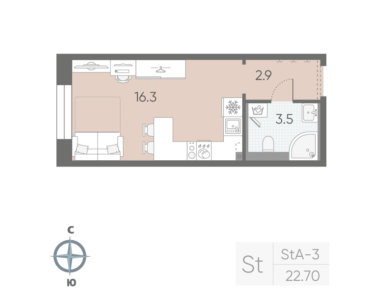 Квартира-студия, 22.7 м² в ЖК "Большая Охта" - планировка, фото №1