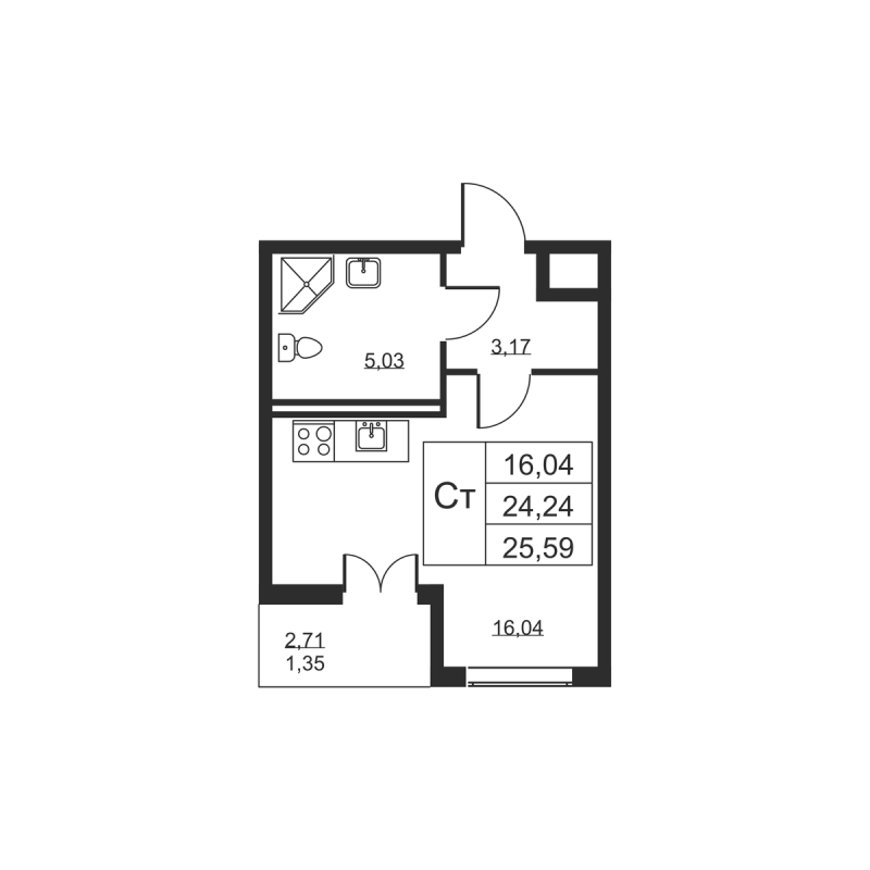 Квартира-студия, 25.59 м² в ЖК "Высота" - планировка, фото №1