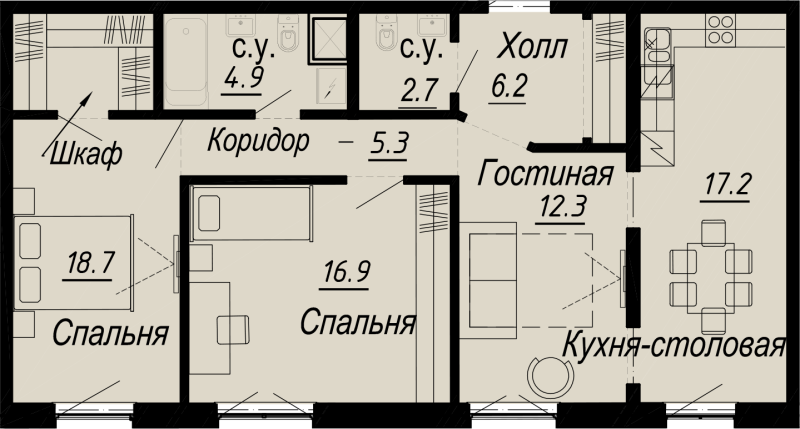 4-комнатная (Евро) квартира, 84.1 м² - планировка, фото №1