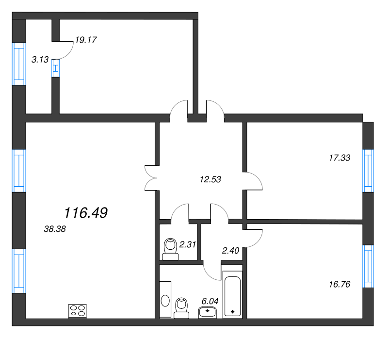 4-комнатная (Евро) квартира, 116.8 м² - планировка, фото №1