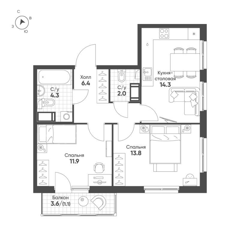 2-комнатная квартира, 53.8 м² в ЖК "Клюква.Парк" - планировка, фото №1