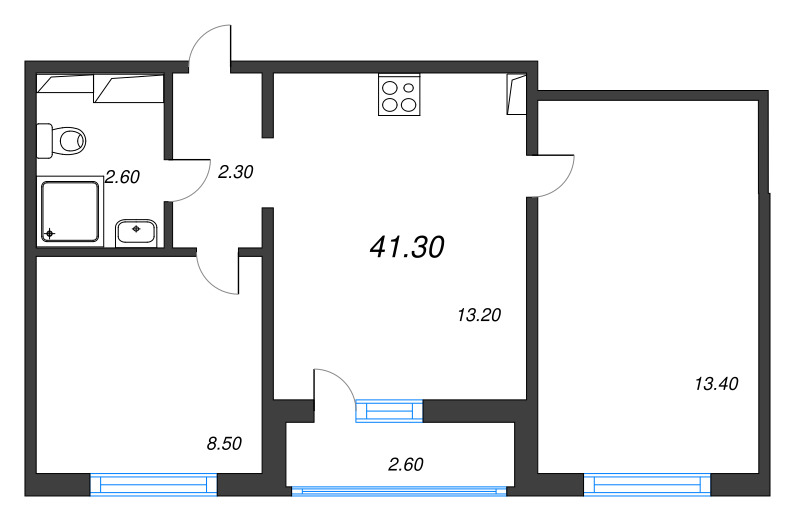 2-комнатная квартира, 41.3 м² в ЖК "Цветной город" - планировка, фото №1