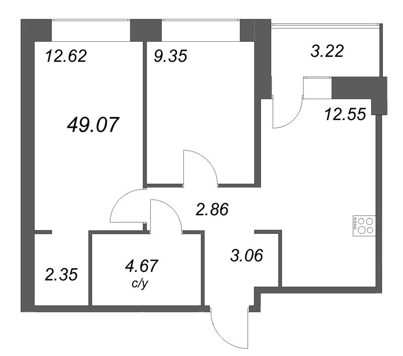 2-комнатная квартира, 49.07 м² в ЖК "Уютный" - планировка, фото №1