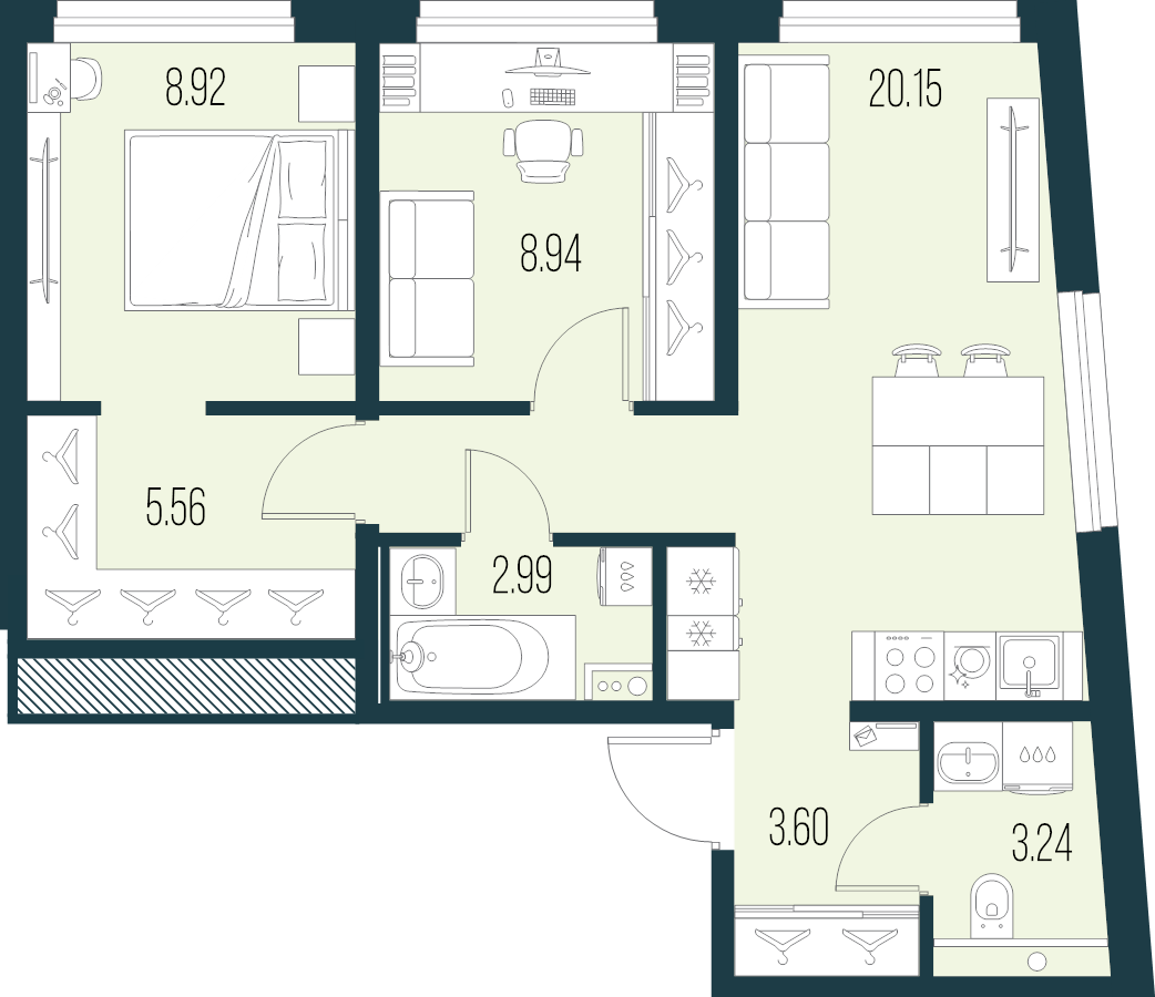 3-комнатная (Евро) квартира, 53.4 м² в ЖК "Новая Земля" - планировка, фото №1
