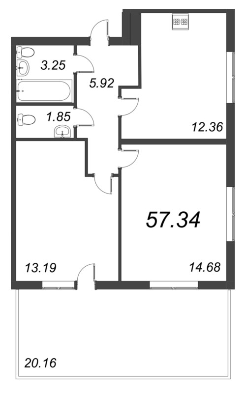 2-комнатная квартира, 57.34 м² - планировка, фото №1