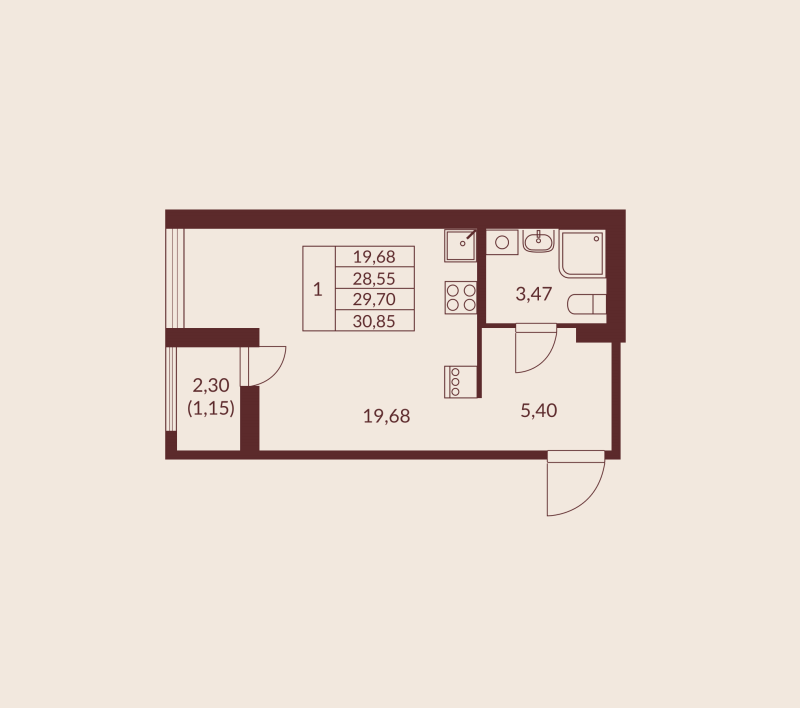 Квартира-студия, 29.7 м² в ЖК "Амурино" - планировка, фото №1