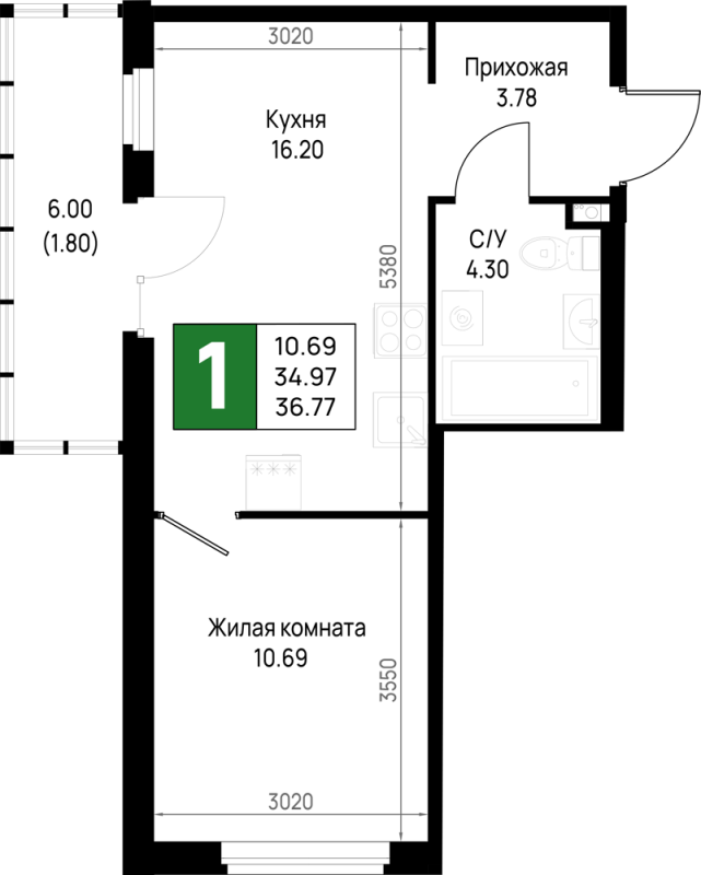 2-комнатная (Евро) квартира, 36.77 м² в ЖК "Имена" - планировка, фото №1