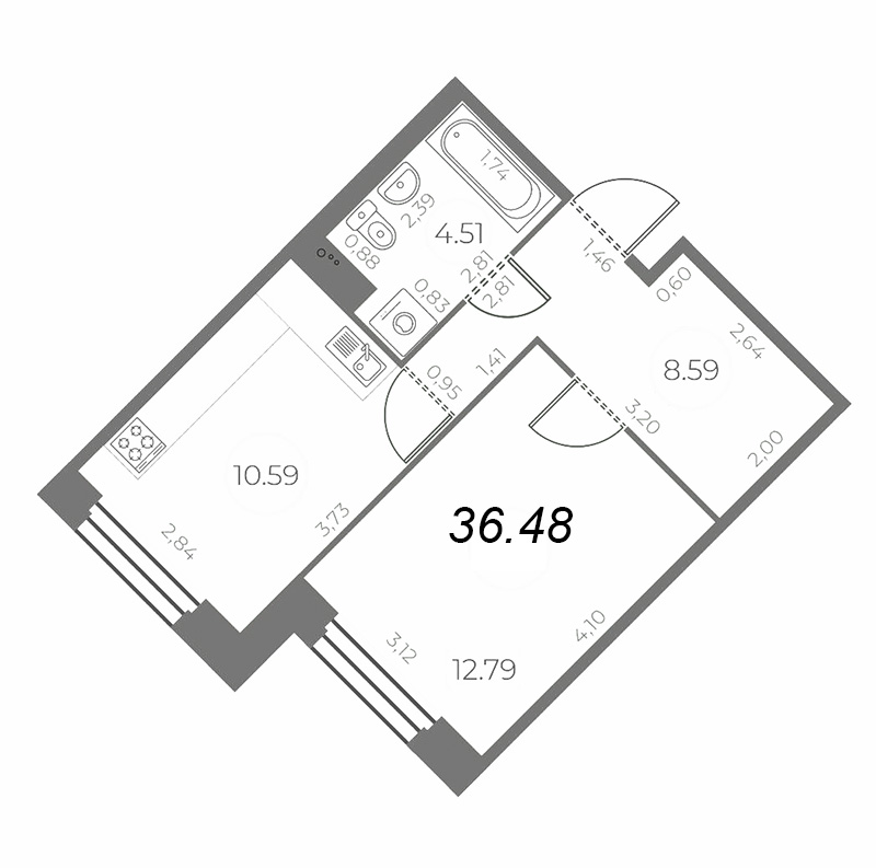 1-комнатная квартира, 36.48 м² в ЖК "Огни Залива" - планировка, фото №1