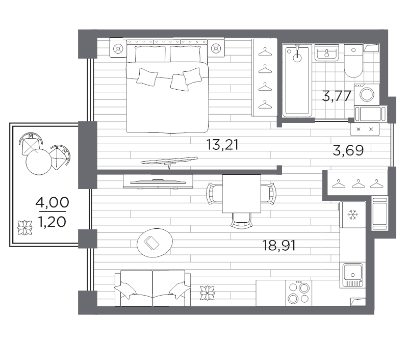 2-комнатная (Евро) квартира, 40.78 м² в ЖК "Сезоны" - планировка, фото №1