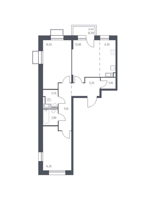 3-комнатная (Евро) квартира, 68.8 м² в ЖК "Курортный Квартал" - планировка, фото №1