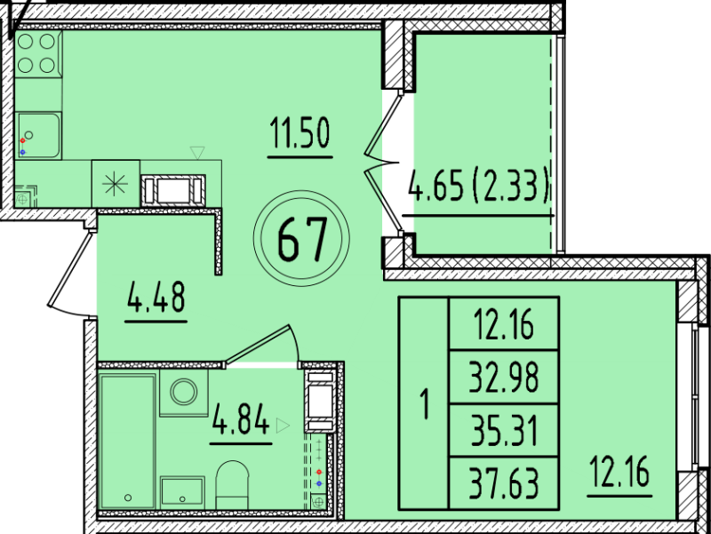 1-комнатная квартира, 32.98 м² - планировка, фото №1